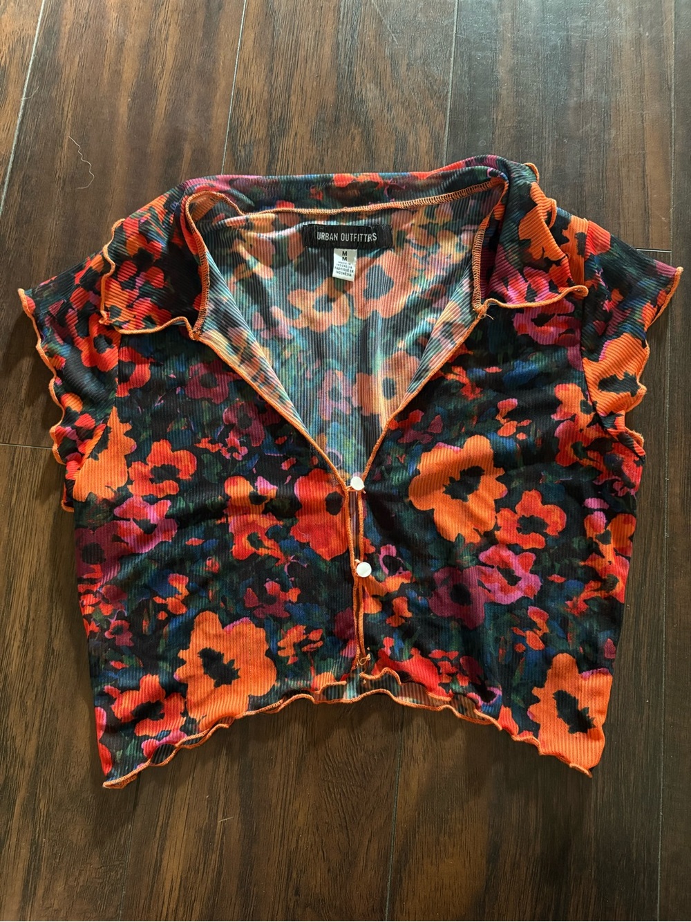 Urban Outfitters Orange and Pink Floral Ribbed Button Crop Top